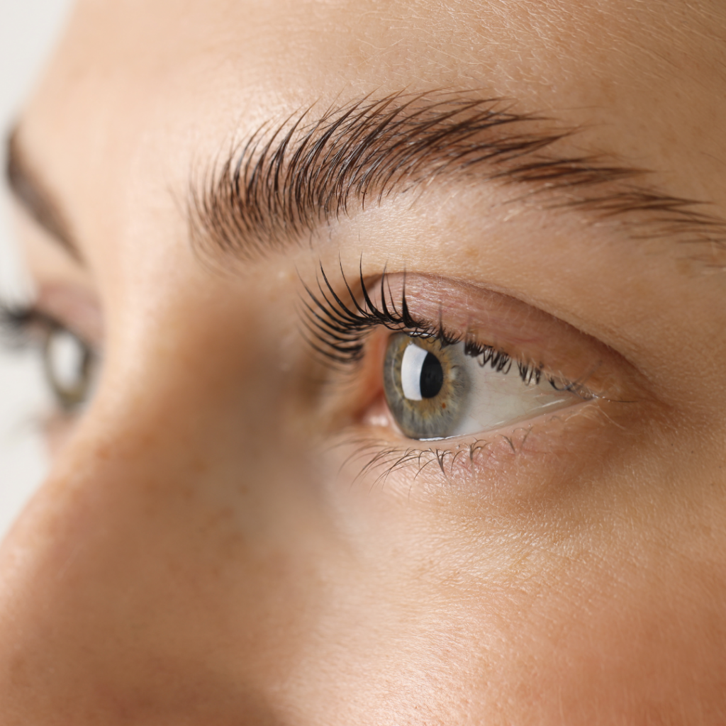Close-up einer Frau mit frisch gelifteten Augenbrauen und Wimpern nach Brow & Lash Lifting Behandlung, die den Blick öffnet und für ein natürlich gepflegtes Aussehen sorgt