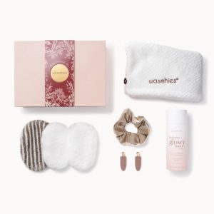 Deluxe Beauty Geschenkset von Waschies mit 3 Abschminkpads, Reinigungs- & Peelingpad, Toner Pads, Haarturbanhandtuch, Glowy Toner, Haarclips und Scrunchie – empfohlen von Stylistin für nachhaltige Haut- & Haarpflege