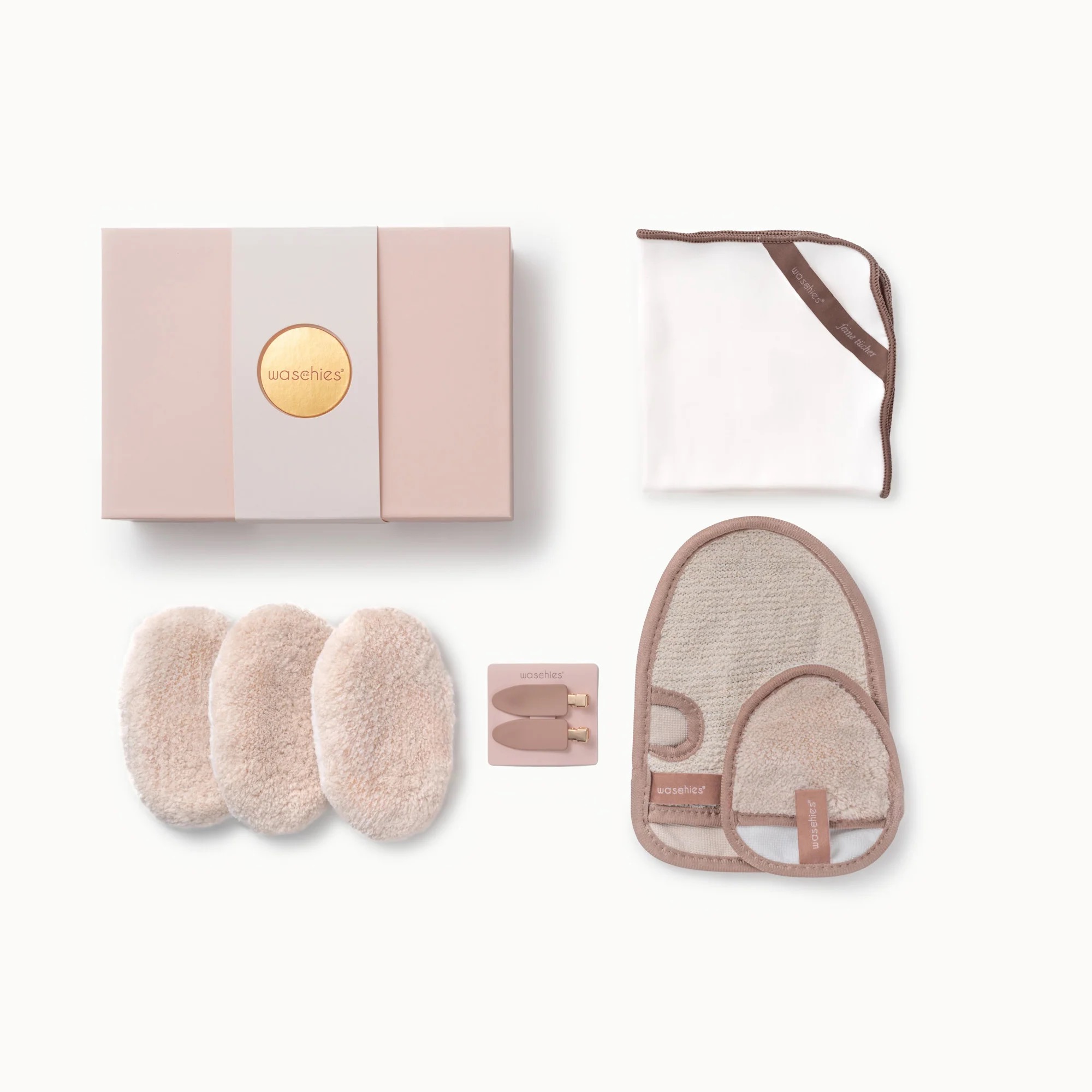 Self-Care Geschenkset von Waschies mit Abschminkpads, Mini-Handschuhpad, Gesichtstuch, Peelinghandschuh und Haarclips – empfohlen von Stylistin für nachhaltige Haut- und Körperpflege